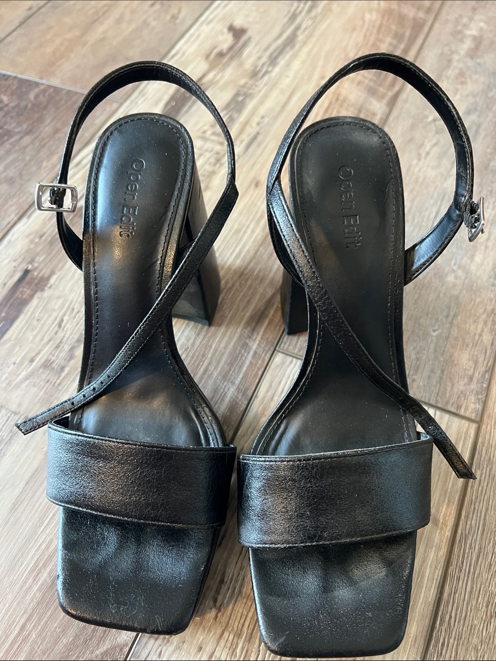 Open Edit Black Square-Toe Strappy Block Heel Sandals